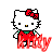 Pixel art contact sheet of two Hello Kitty frames showing text animation with red