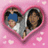 Pink heart-shaped frame with two people inside, surrounded by small white hearts on a pink background, text appears over the image.