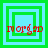 Four square display a sequence of green and light blue nested square borders with red text 'morga' overlaid, showing progressive border removal from left to right