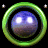 Four views of a green ringed sphere with blue-purple gradient and white highlights on black background.