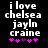 Black background with white pixelated text reading 'i love chelsea jayln craine' and five pink plus signs below, where the third plus sign is purple in the second frame.