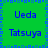 Green background with blue pixelated text reading Ueda and Tatsuya in a pattern, bordered by blue square pixels