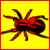 Red eight-legged creature with segmented body on bright yellow background, framed by thin red border.