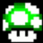 Two pixelated green and white mushroom-shaped icons side-by-side on black background, one with red text overlay.