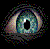 Pixelated eye with multicolored iris and black pupil surrounded by scattered colored pixels on a dark background.
