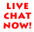Red and black pixelated text 'LIVE CHAT NOW!' displayed in two side-by-side on a white background