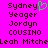 Pixelated text names on a bright pink background with one green heart symbol replacing the 'y' in Sydney.