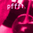 Pixelated pink and dark red image with two text phrases 'pffft.' and 'yummy.' in white pixelated font, showing a character's lower body and legs.