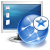 Blue sphere with white star and cross symbols sits in front of a blue computer monitor with three white squares on the left side.
