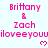 Pixelated pink text and hearts on light blue background, repeating 'Brittany & Zach iloveyou' with heart symbols in a