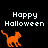 Pixelated orange cat walks left on black background with 'Happy Halloween' text above; one frame shows cat partially on gray platform.