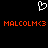A black background displays a white pixelated heart symbol above two identical lines of orange pixelated text reading MALCOLM<3.