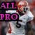 Pixelated image of a person in white sports uniform with red helmet and black number five, overlaid by bold pink text reading ALL PRO 5.