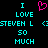 Pixelated cyan text on black background reads 'I LOVE STEVEN L SO MUCH' with a pink heart symbol above 'I LOVE' on the left side.