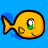 Pixelated yellow fish with black outline, green and white eye, orange tail fin, blue background.