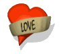 Red heart-shaped icon with beige banner reading LOVE, displayed in a of five identical icons on white and gray backgrounds