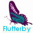 Pixelated butterfly icon with purple and teal wings, light gray antennae, and blue text reading "Flutterby" below.