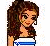 Pixelated cartoon woman with brown hair in a blue-and-white strapless dress next to fragmented blue text on white background.