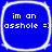Four identical blue square icons with rounded corners display white text reading "im an asshole =)" on a solid background.