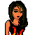 Pixelated cartoon character with long dark hair wearing a black sleeveless top with red flame accents, standing behind a red-bordered white with "Rock" text