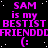 A static digital image with repeated text and symbols in bright pink on a black background, featuring 'SAM is my BESTIST FRIEND' phrases and smiley faces.