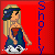 Pixel art buddy icon split into two sections: red background with a blonde woman in blue dress and headband on left, green background with "Original Icons .com" text on right.