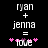 Pixelated text displays 'ryan + jenna = love' with pink heart symbols on a black background, showing animation changes in the hearts.
