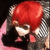 Red-haired anime-style character with black outfit and checkered shoulder accents, head tilted down in a static pose.