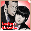 Two side-by-side pixelated images of a man and woman against a red background, with red text at the bottom of each.