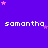 Purple background with repeated white text 'samantha' and scattered pink stars, featuring a gray rectangular overlay in the bottom-right corner.