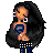 Pixelated character with long black hair, orange skin tone, white earrings, blue top, and checkered pants against gray background.
