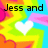 Pixelated image with colorful abstract background, white heart symbols, and text reading "Jess and Kara= BFFS!" in black block letters.