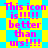 Pixelated text on a checkered background with alternating yellow and cyan squares, repeated four times in a