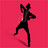 Pixelated black silhouette of a figure in dynamic pose against solid pink background, arms raised and legs spread, with visible white chest accent.