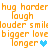 Pixelated orange text repeats 'hug harder', 'laugh', 'louder smildouder smile', 'bigger love', and 'longer' with blue hearts on white background.
