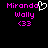 Pixelated text displays 'Miranda Wally (33)' in bright pink with a white heart symbol replacing the letter O in Miranda, set against black background.