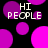 Black background with scattered purple and magenta circles; white pixelated text "HI PEOPLE" appears in four quadrants.