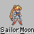 Pixelated Sailor Moon character in multiple poses with orange pigtails, blue skirt, red boots, and white top against gray background.