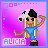 Pixel art character with blonde hair and black-and-white hat, blue top, black boots; pink gradient background with purple/blue squares; 'ALICIA' text at bottom.