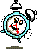Pixelated alarm clock icon with cyan border, black bells, and red hands showing 10:10, transitioning to a face with red nose and mouth.