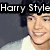 A pixelated image of a person with dark hair wearing a light-colored shirt, with text overlays reading "Harry Styles Loves Rachel W6" across the top and bottom.