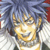 Pixelated static image of a character with spiky blue hair, golden eyes, and a broad smile, wearing a white and gold outfit against a blurred background.