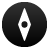 Black circular icon with white compass rose symbol centered on dark gray background, featuring four diamond-shaped points and central square hole.
