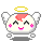 Pixelated angel character with white body, pink cheeks, yellow halo, and small wings in multiple expressions including smiling, neutral, blushing, and heart-emitting poses.