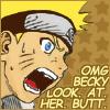Pixelated anime-style character with spiky yellow hair and a gray headband, mouth open in a shout, next to text reading "OMG BECKY LOOK AT HER BUTT.".