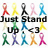 Pixelated icon grid with colorful ribbon-shaped figures and bold text reading "Just Stand Up <3" across the center.