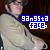 Pixelated image of a person in light-colored clothing with a blue text overlay reading '9an95ta face' on a dark background.