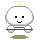 Pixelated white character with black eyes and yellow antenna, holding red horizontal bar or bow tie in various poses against gray background.