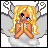 Pixelated angel with long blonde hair, blue eyes, and gray wings stands on a cloud with hands clasped in prayer pose.