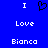 Blue background with white pixelated text and a black heart symbol arranged in three